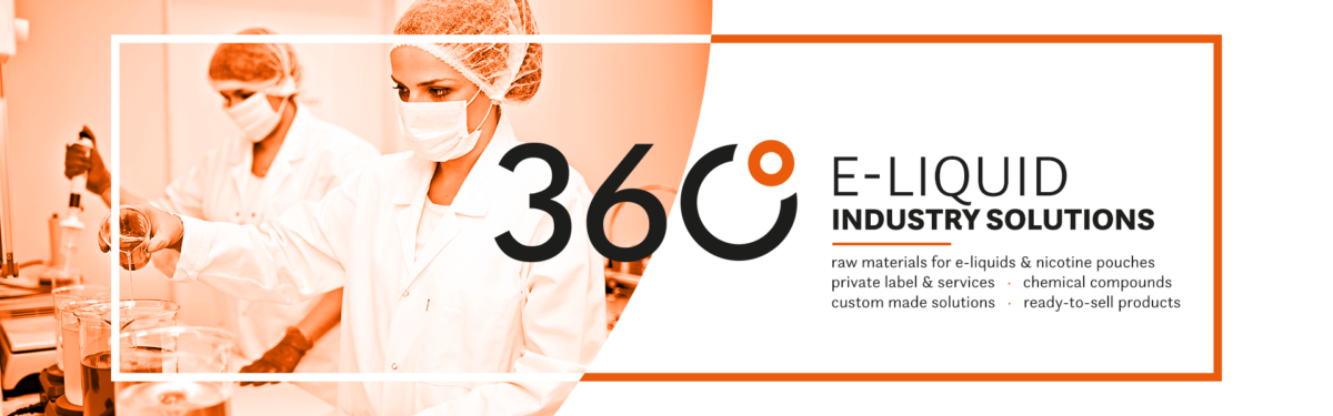 a banner with 2 ladies in lab unforms working with e-liquids and a text: 360 degrees e-liquid industry solutions: raw materials for e-liquids & nicotine pouches, private label & services, chemical compounds, custom made solutions, ready-to-sell product