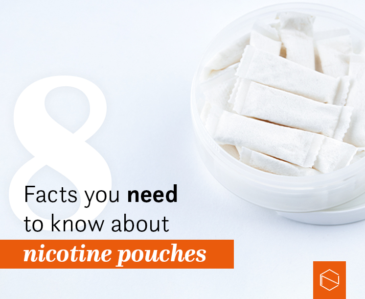 a bag of nicotine pouches and a text: 8 facts you need to know about nicotine pouches