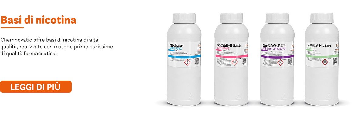 A text and bottles of NicBase, NicSalt Base, Nic&Salt Hybrid Base, and Natural Nic Base