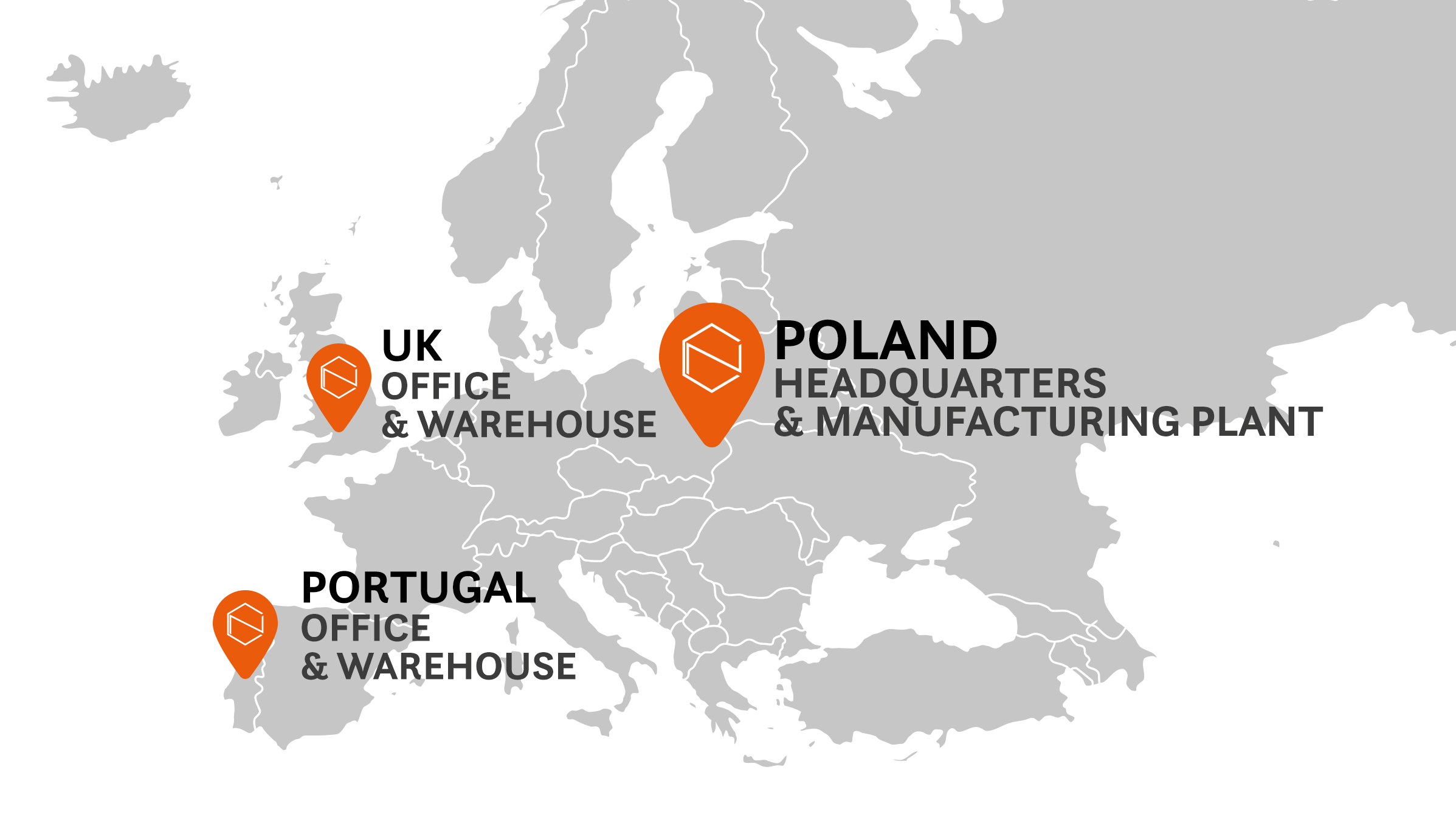 a part of World map - Europe and Asia with 3 pointers marked - Poland (headquarter & manufacturing plant), UK (office & warehouse), Portugal (office & warehouse)