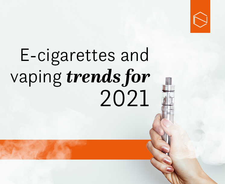 a hand holding a vaping device and a text: e-cigarettes vaping trends for 2021
