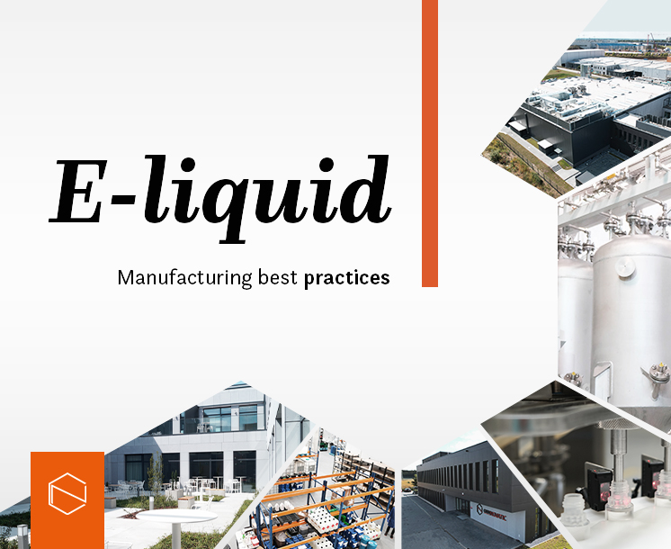 a text: e-liquid manufacturing best practices; chemnovatic logo in the left bottom corner; photos of chemnovatic HQ and manufacturing plant