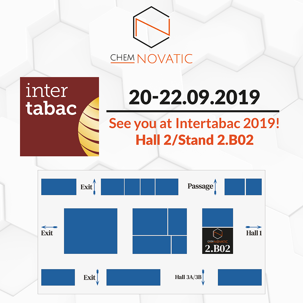 Chemnovatic and InterTabac logos, a text: 20-22.09.2019 see you at InterTabac 2019! Hall 2/ Stand 2.B02, and a hall map with Chemnovatic stand marked