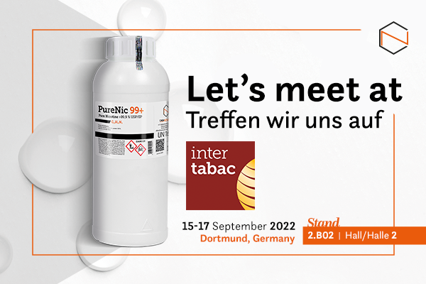 a poster saying: let's meet at / treffen wir uns auf InterTabac, a bottle of purenic 99+ pure nicotine liquid and the Intertabac logo