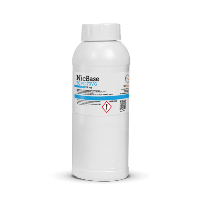 a white bottle of NicBase nicotine base 30pg 70vg 18 mg nicotine 1l