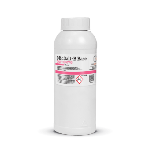 A bottle of NicSalt-B benzoate nicotine salt base 30pg 70vg 18mg 1l