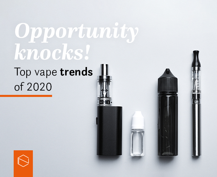4 vaping devices, chemnovatic logo, and a text: Opportunity knocks! Top vape trends of 2020