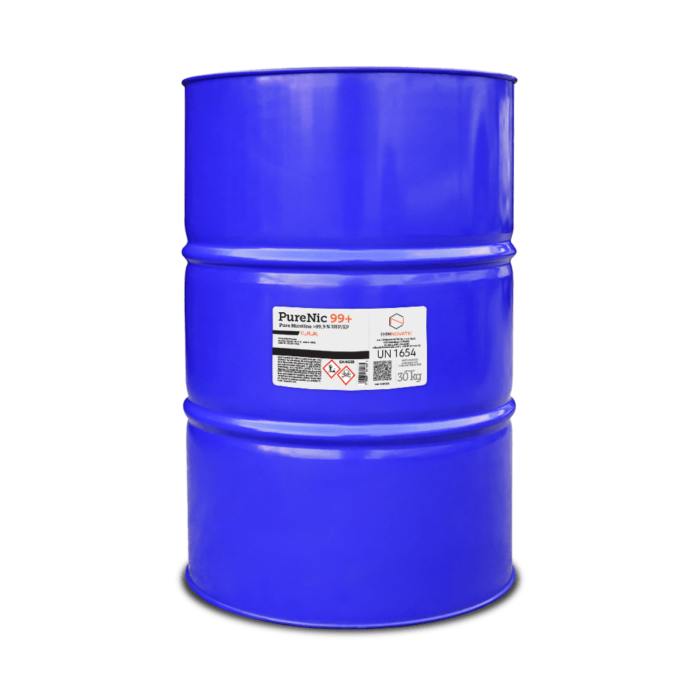 A blue drum of pure nicotine liquid PureNic 99+