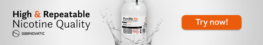 1l bottle of PureNic 99+ pure nicotine liquid, a text: high & repeatable nicotien quality chemnovatic, and a button "try now!"