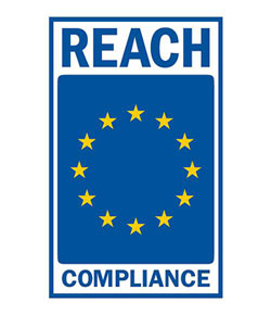 word REACH over stars on a blue background (UE logo) and a word compliance under it