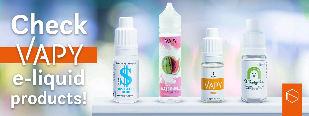 4 bottles of vaping products from VAPY brand: nikotynka nicshot, hybrid dollar, mango e-liquid, and watermelon longfill