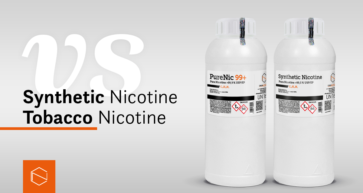 chemnovatic logo, 2 bottles: purenic 99+ and synthethic nicotine, and a text: synthethic nicotine vs tobacco nicotine