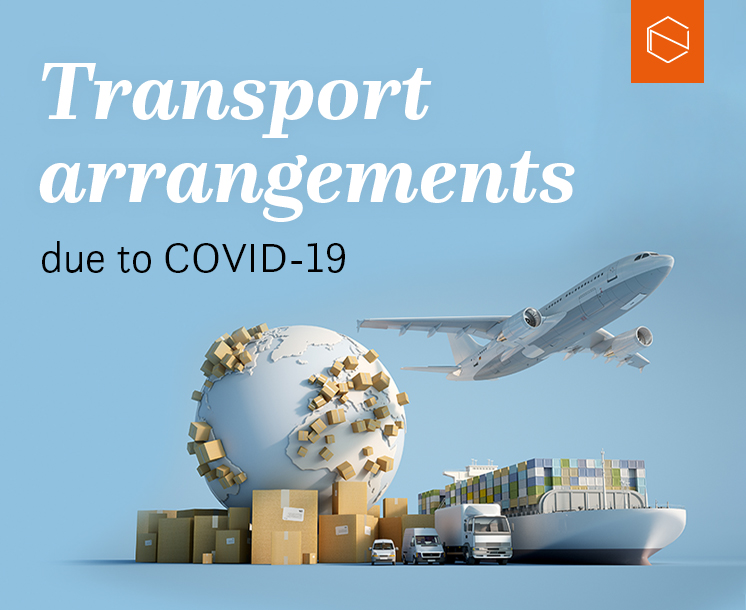 a plane, ship, truck, cars, boxes a globe with boxes on it, and a text: transport arrangements due to covid-19