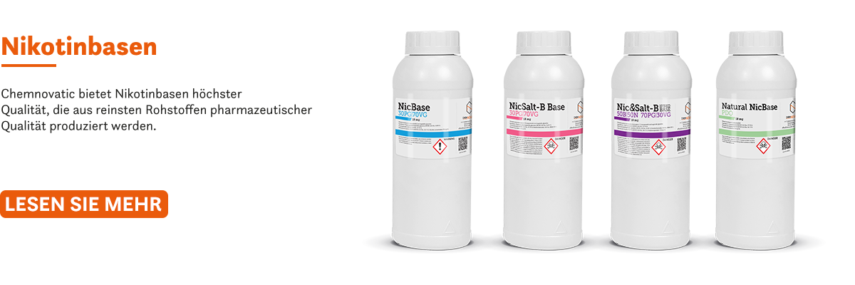 A text and bottles of NicBase, NicSalt Base, Nic&Salt Hybrid Base, and Natural Nic Base