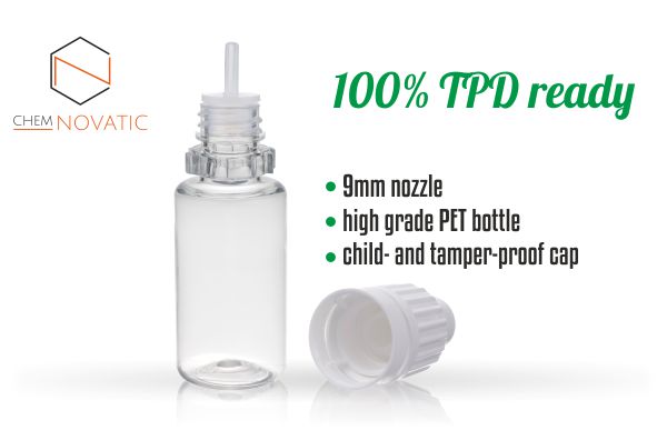 an empty bottle and a text: 9 mm nozzle, high grade pet bottle, child- and tamper-proof cap