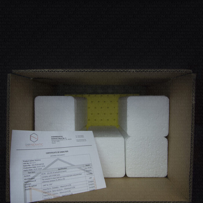 interrior of the box with styrofoam packaging of purenic 99+ pure nicotine liquid