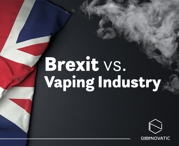 a Union Jack (British flague), smoke, chemnovatic logo, and a text: brexit vs. vaping industry