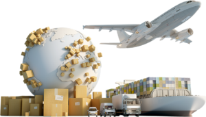 A plane, ship, trucks, a globe and packagings