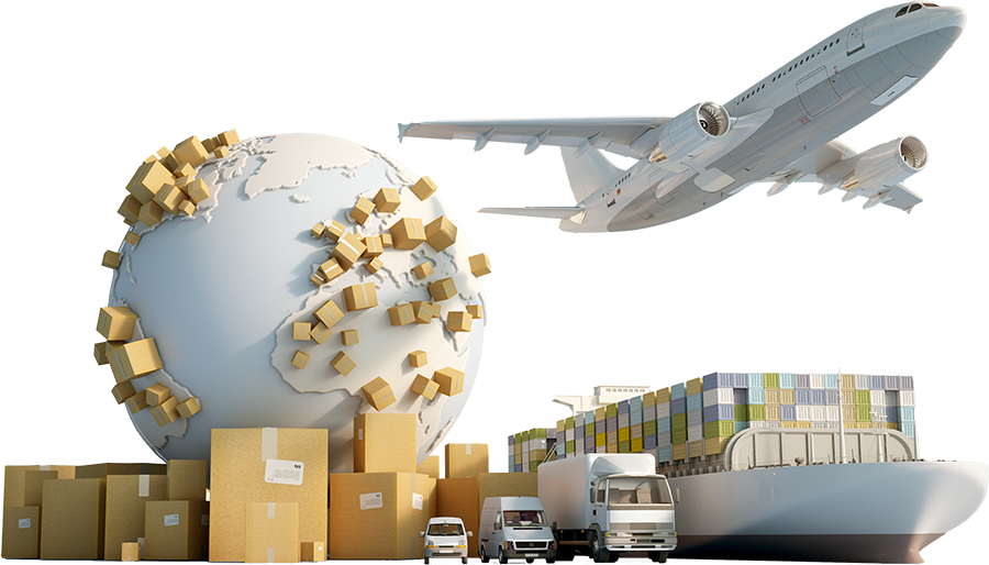 A plane, ship, trucks, a globe and packagings