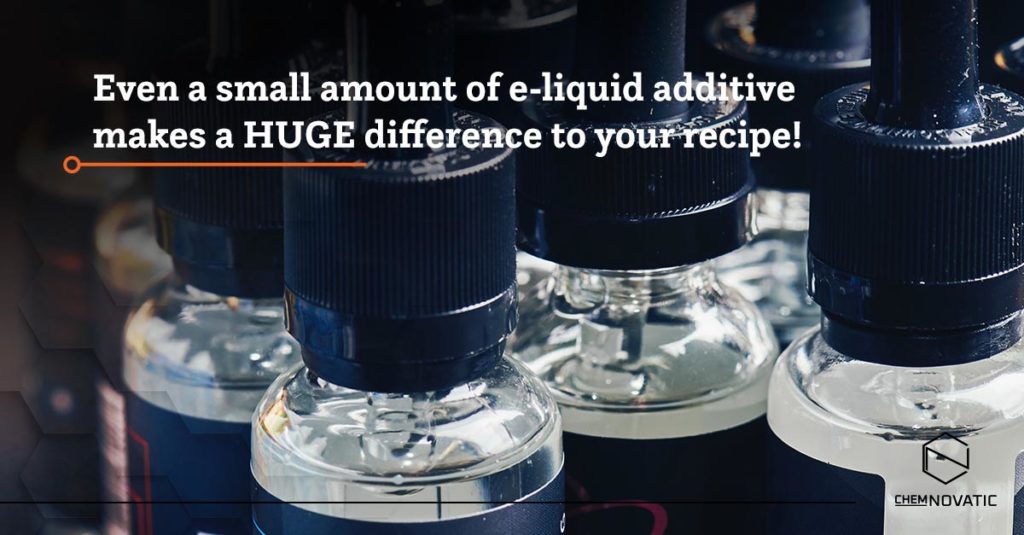 bottles with pipettes and a text: even a small amount of e-liquid additive makes a huge difference to your recipe!