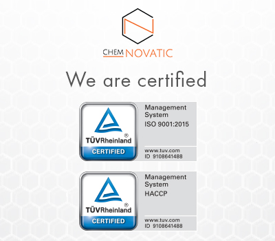 chemnovatic logo, iso and haccp certificates symbols and a text: we are certified