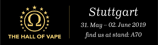 the hall of vape logo and a text: Stuttgart 31. May - 02. June 2019 find us at stand: A70