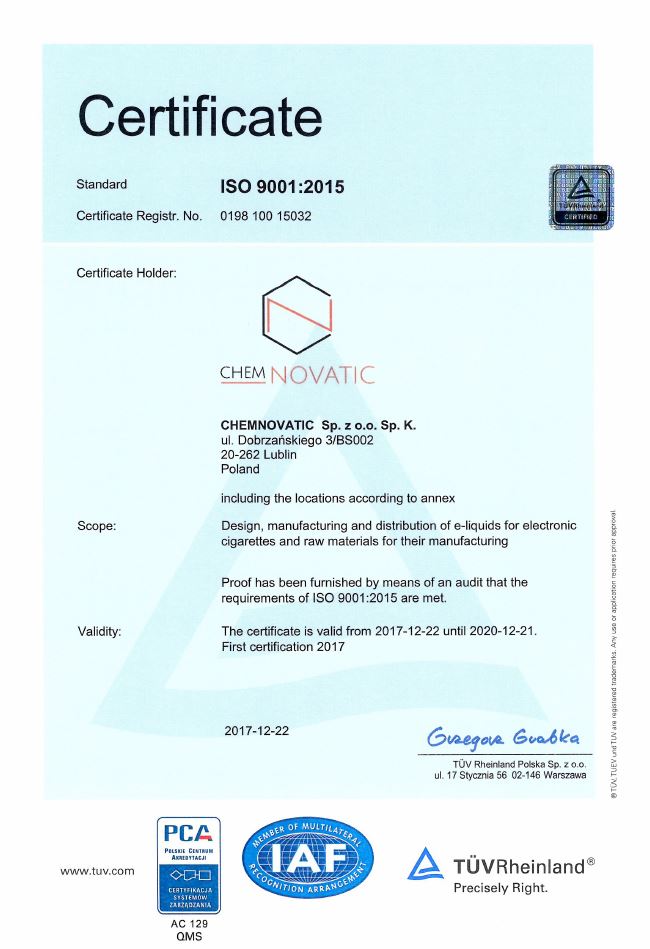 chemnvatic iso 9001:2015 certificate