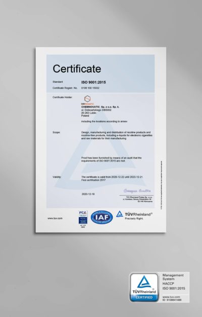an ISO certificate in a frame granted to Chemnovatic
