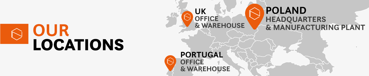 map of europe with chemnovatic locations marked: Poland - headquarters & manufacturing plant; Portugal - office & warehouse; UK - office & warehouse