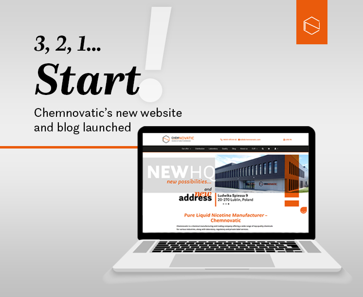 chemnovatic logo, a laptop with a chemnovatic homepage on a screen and a banner "new headquarters, new possibilities... and new adress", and a text: 3, 2, 1... Start! chemnovatic's new website and blog launched