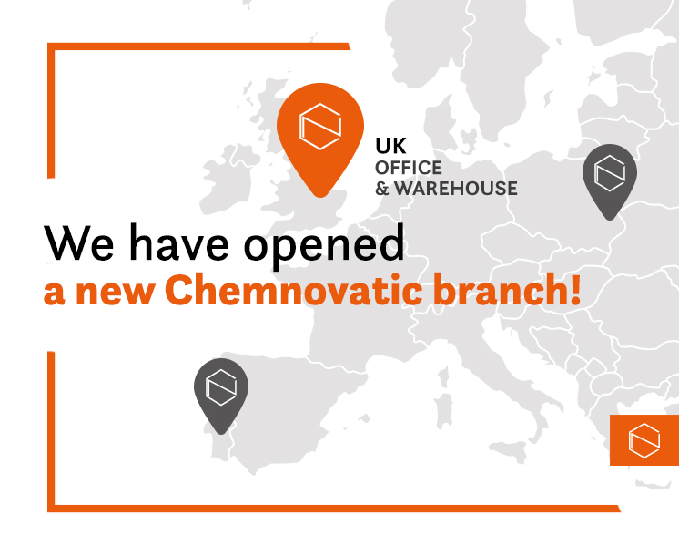 a map of Europe with Chemnovatic offices marked: Poland, Portugal and the UK; a text: We have opened a new Chemnovatic branch!