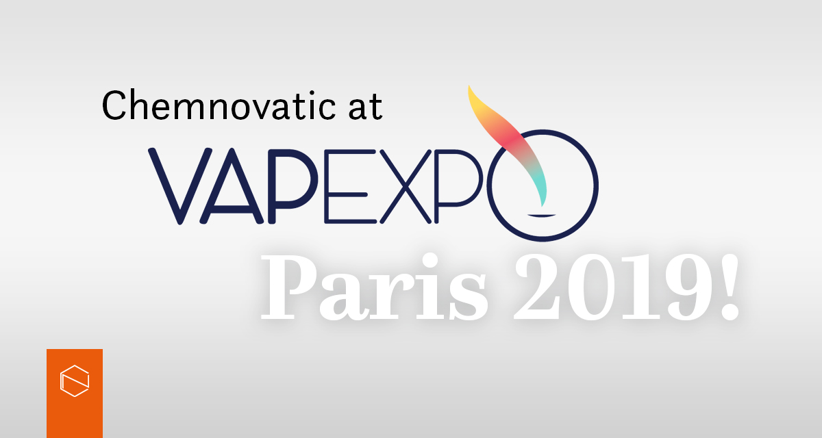 chemnovatic logo in the bottom left corner, and a text: chemnovatic at vapexpo paris 2019