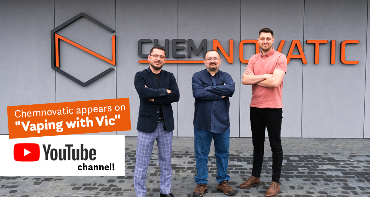 Dragos Stratulat, the Managing Director of Chemnovatic UK, Victor "Vaping with Vic" Mullin, and Mateusz Gawroński, Chemnovatic Deputy Sales Manager in front of Chemnovatic HQ in Lublin, Poland