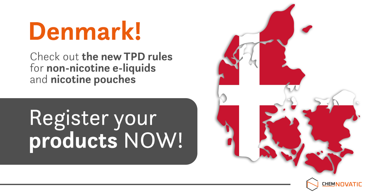 Denmark map shape in colours of the Danish flague and a text: Denmark! Check out the new TPD rules for non-nicotine e-liquids and nicotine pouches. Register your products now