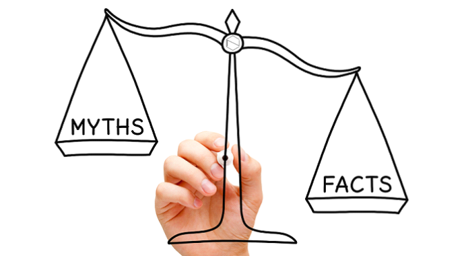 a hand with a scale with myths on the left and facts on the right