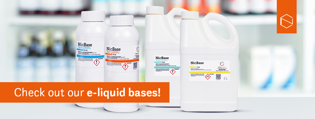4 bottles of various NicBases, and a text: check out our e-liquid bases!