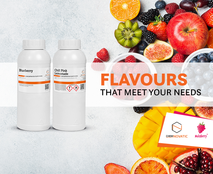 2 bottles of chemnovatic molinberry flavourings, fruits, and a text: flavours that meet your needs