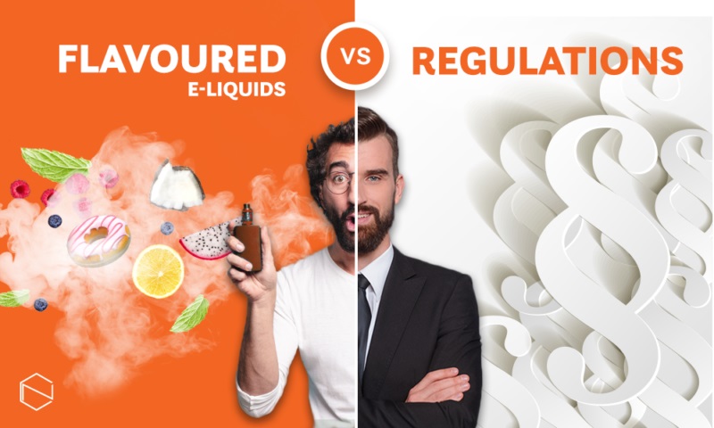 a graphic split in two. On the left a man in a shirt with a vaping device and fruits near him. On the right a man in the suit near paragraph signs. A text: flavoured e-liquid regulations