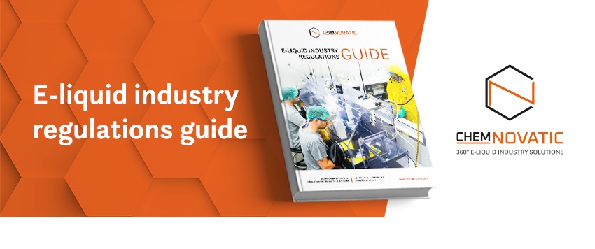 a text: e-liquid industry regulations guide; a book with the same title as the text and a photo of chemnovatic production plant workers; chemnovatic logo and a text: 360 degrees e-liquid industry solutions