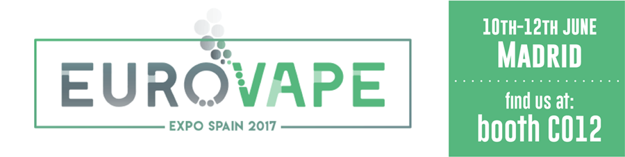 eurovape expo spain 2017 logo and a text: 10th-12th june madrid, find us at booth C012