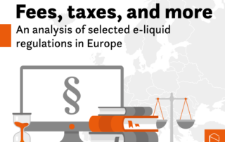 map of Europe, a screen with a paragraph, on it, an hourglass, books, a scale, and a text: fees, taxes, and more - an analysis of selected e-liquid regulations in Europe