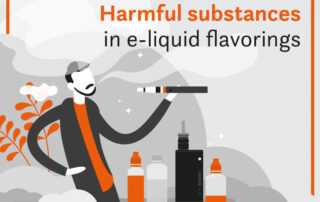 a graphic of a man vaping, a smoke, e-liquid bottles, everyting in white, gray, black, and orange