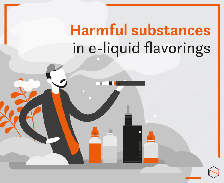 a graphic of a man vaping, a smoke, e-liquid bottles, everyting in white, gray, black, and orange