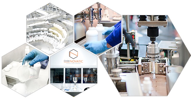 5 hexagons with photos of chemnovatic laboratory and production plant inside