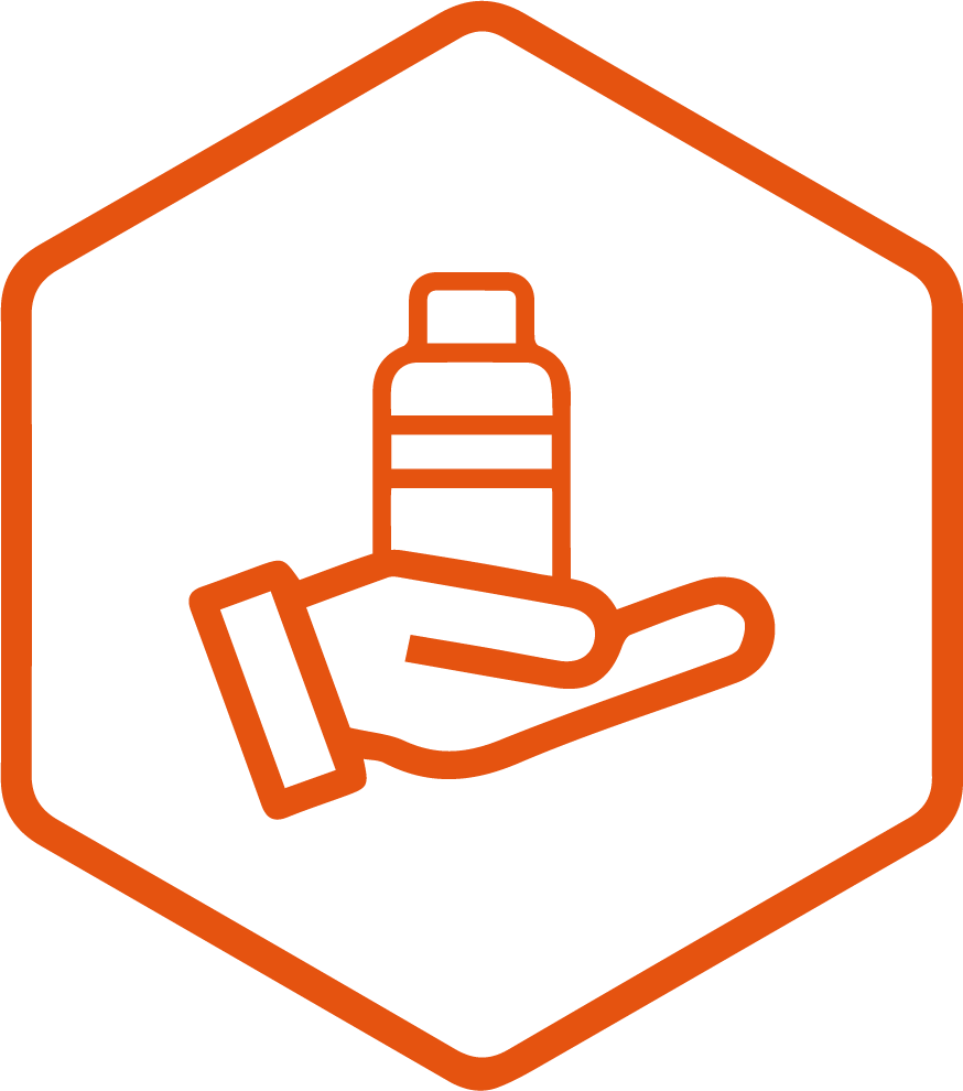 an icon of a hand holding an e-liquid bottle inside a hexagon