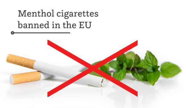 a cigarette and mint leaves crossed with red lines, and a text: menthol cigarettes banned in the EU
