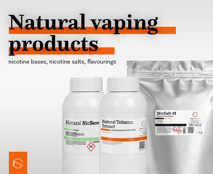 a bottle of natural nicbase, chemnovatic molinberry natural tobacco extract flavouring, and nicotine salt malate nicsalt-m, and a text: natural vaping products: nicotine bases, nicotine salts, flavourings