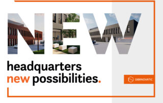 a text: new headquarters new possibilites, and photos of chemnovatic new HQ inside the letters: N, E, W