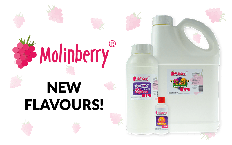 3 bottles of different sizes of different molinberry flavourings, molinberry logo and a text: new flavours!