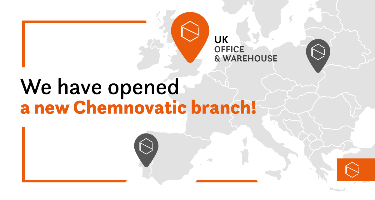 a map of Europe with Chemnovatic offices marked: Poland, Portugal and the UK; a text: We have opened a new Chemnovatic branch!